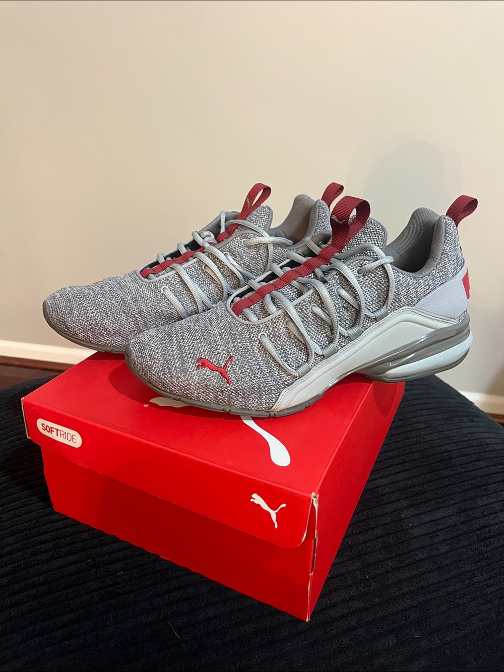 Puma Men’s Gray Knit Sneakers with Red Accents
